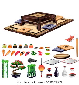 Interior of a Japanese restaurant. Set of design elements. vector illustration.