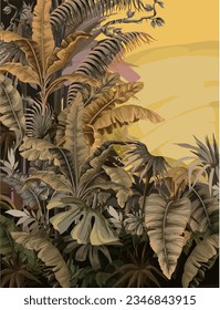 Interior jungle mural with banana and palm trees. Vector