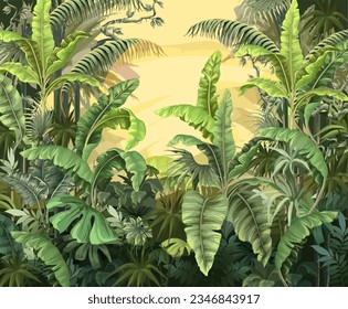 Interior jungle mural with banana and palm trees. Vector