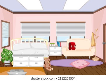 Interior of kids bedroom with furnitures illustration