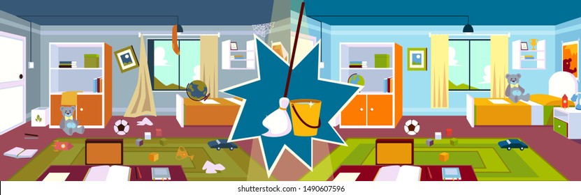Interior of the kids room in the home with a carpet and a window, furniture and a bed before and after cleaning with mop and bucket in a cartoon style. Vector illustration of a kids room.