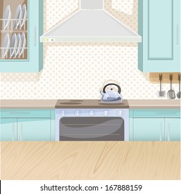 Interior of kitchen in blue color with stove and cupboards