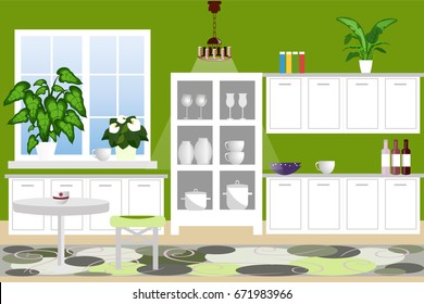 The interior of the kitchen. Cozy kitchen with furniture, cabinets, kitchen utensils, plants. Flat design, cartoon. Vector illustration