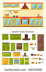 Interior kitchen creation with design of room for cooking set of cabinets utensils equipment isolated vector illustration