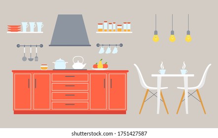 The interior of the kitchen and dining room with furniture and utensils. Modern flat style room. Vector illustration on the theme of interior design, repair, relocation and space planning.