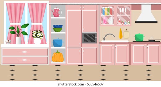 The interior of the kitchen. Flat style. Cartoon. Vector illustration .