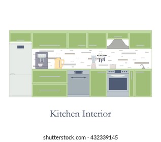 Interior of the kitchen. Flat style. White background. Kitchen design furniture and accessories. Coffee machine, electric kettle and blender. The pot on the stove. Dishwasher. Vector illustration.