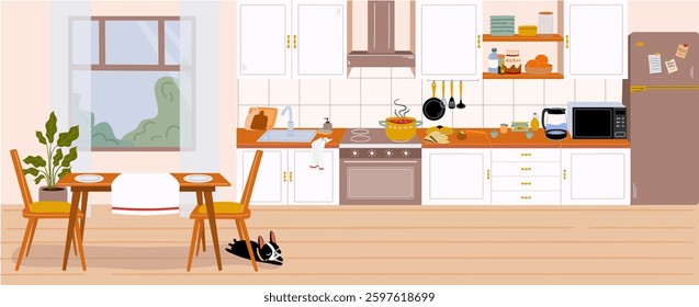 The interior of the kitchen is furnished. Furniture design. Inspiring kitchen interior design, dining area in the house, kitchen utensils.