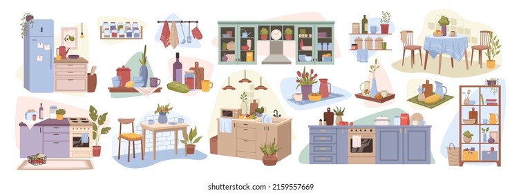 Interior of kitchen, furniture composition set and accessories for design. Cabinets and appliances, fridge and isle, stove for cooking and table for dinner. Vector in flat style illustration