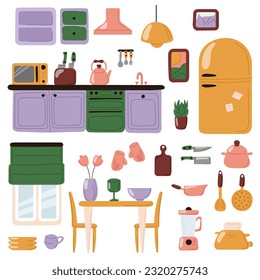 Interior of kitchen, furniture composition set and accessories for design. Equipment elements for kitchen cooking vector illustration in flat hand drawn style. Isolated on a white background.