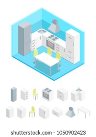 Interior Kitchen with Furniture and Elements Part Isometric View Domestic Room with Table, Stove, Chairs and Fridge. Vector illustration of Concept Cooking