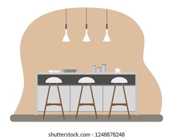 Interior of the kitchen with furniture. Flat cartoon style. Vector illustration