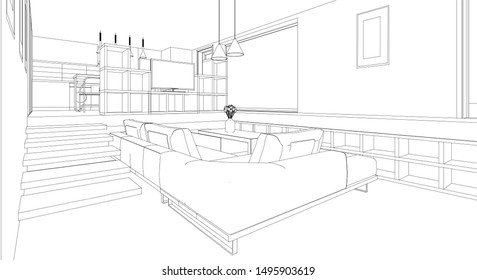 
interior kitchen living room 3d illustration