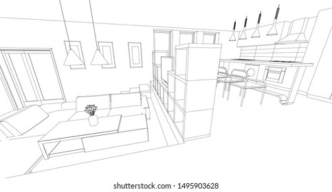 
interior kitchen living room 3d illustration