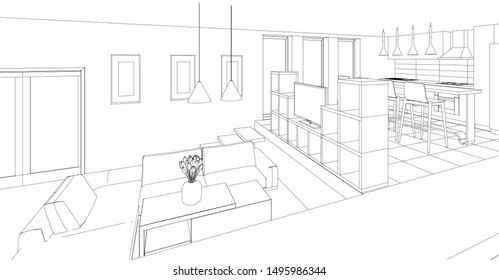
interior kitchen living room 3d illustration