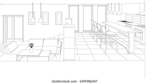 
interior kitchen living room 3d illustration