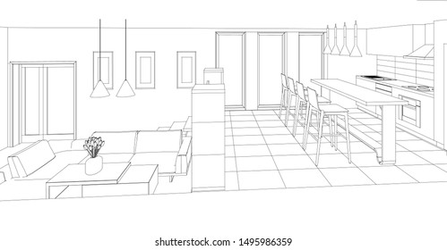 
interior kitchen living room 3d illustration