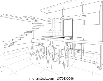 interior kitchen living room 3d illustration