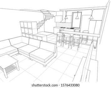 interior kitchen living room 3d illustration