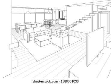 interior kitchen living room 3d illustration