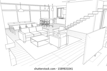 interior kitchen living room 3d illustration