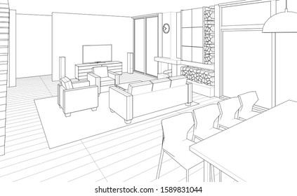 interior kitchen living room 3d illustration