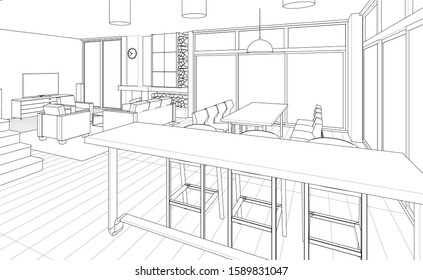 interior kitchen living room 3d illustration