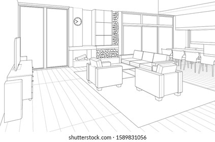 interior kitchen living room 3d illustration