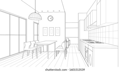 interior kitchen living room 3d illustration