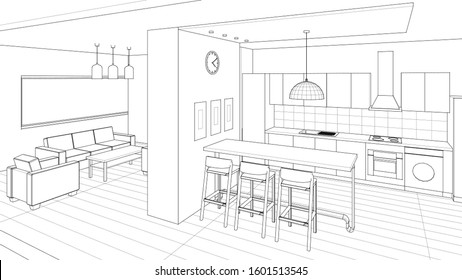 interior kitchen living room 3d illustration