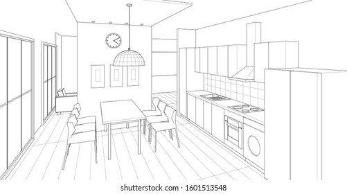 interior kitchen living room 3d illustration