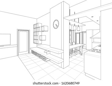 interior kitchen living room 3d illustration