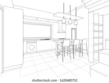 interior kitchen living room 3d illustration