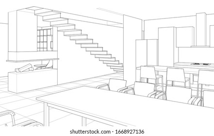 interior kitchen living room 3d illustration