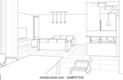 cocina interior salón 3d ilustración