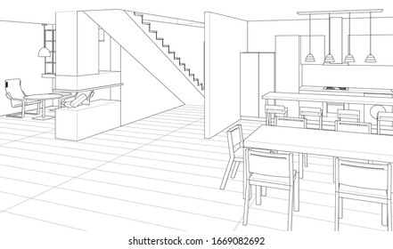interior kitchen living room 3d illustration