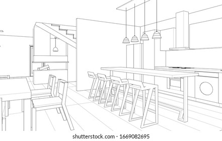 interior kitchen living room 3d illustration