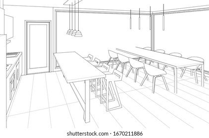 interior kitchen living room 3d illustration