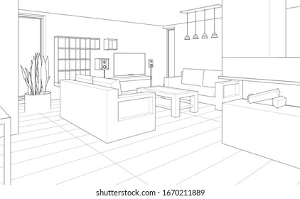 Linear Sketch Interior Living Room Plan Stock Vector (Royalty Free ...