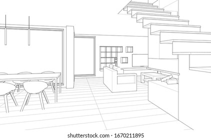 interior kitchen living room 3d illustration