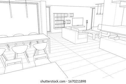 interior kitchen living room 3d illustration
