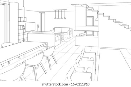 interior kitchen living room 3d illustration