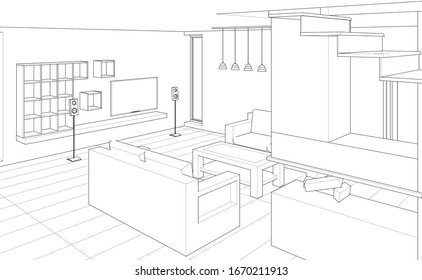 interior kitchen living room 3d illustration