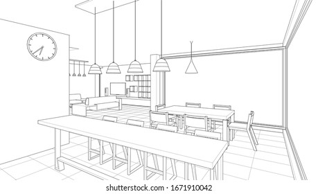 interior kitchen living room 3d illustration