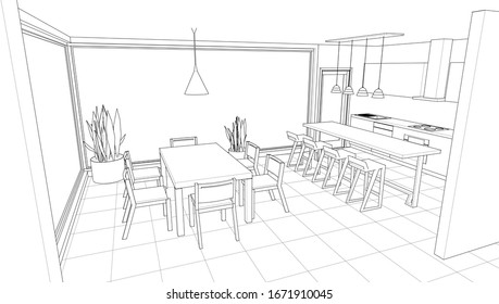 cocina interior salón 3d ilustración
