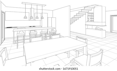 cocina interior salón 3d ilustración