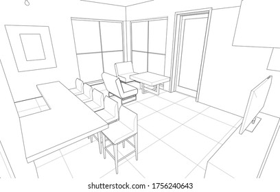 interior kitchen living room 3d illustration
