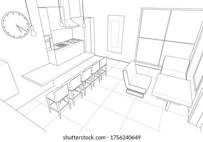 cocina interior sala de estar 3d ilustración
