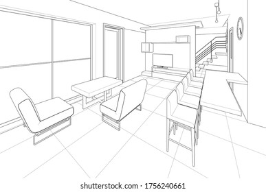cocina interior sala de estar 3d ilustración