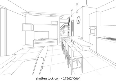 interior kitchen living room 3d illustration